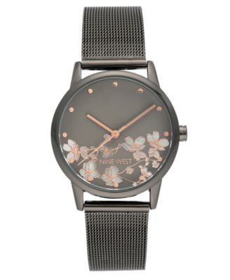 Женские часы Nine West Quartz Dark Gray Stainless Steel Mesh Band and Flower Pattern, 35mm