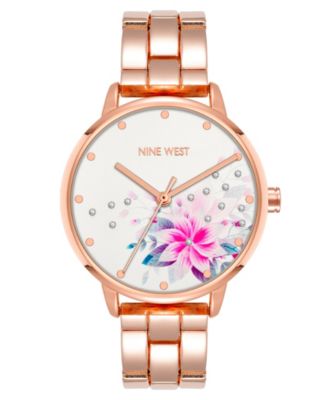 Nine West Women's Quartz Rose Gold-Tone Alloy Link Bracelet and Floral Pattern Watch, 36mm