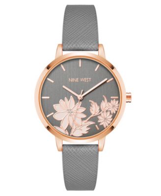 Nine West Woman's Quartz Gray Faux Leather Band and Floral Pattern Watch, 36mm