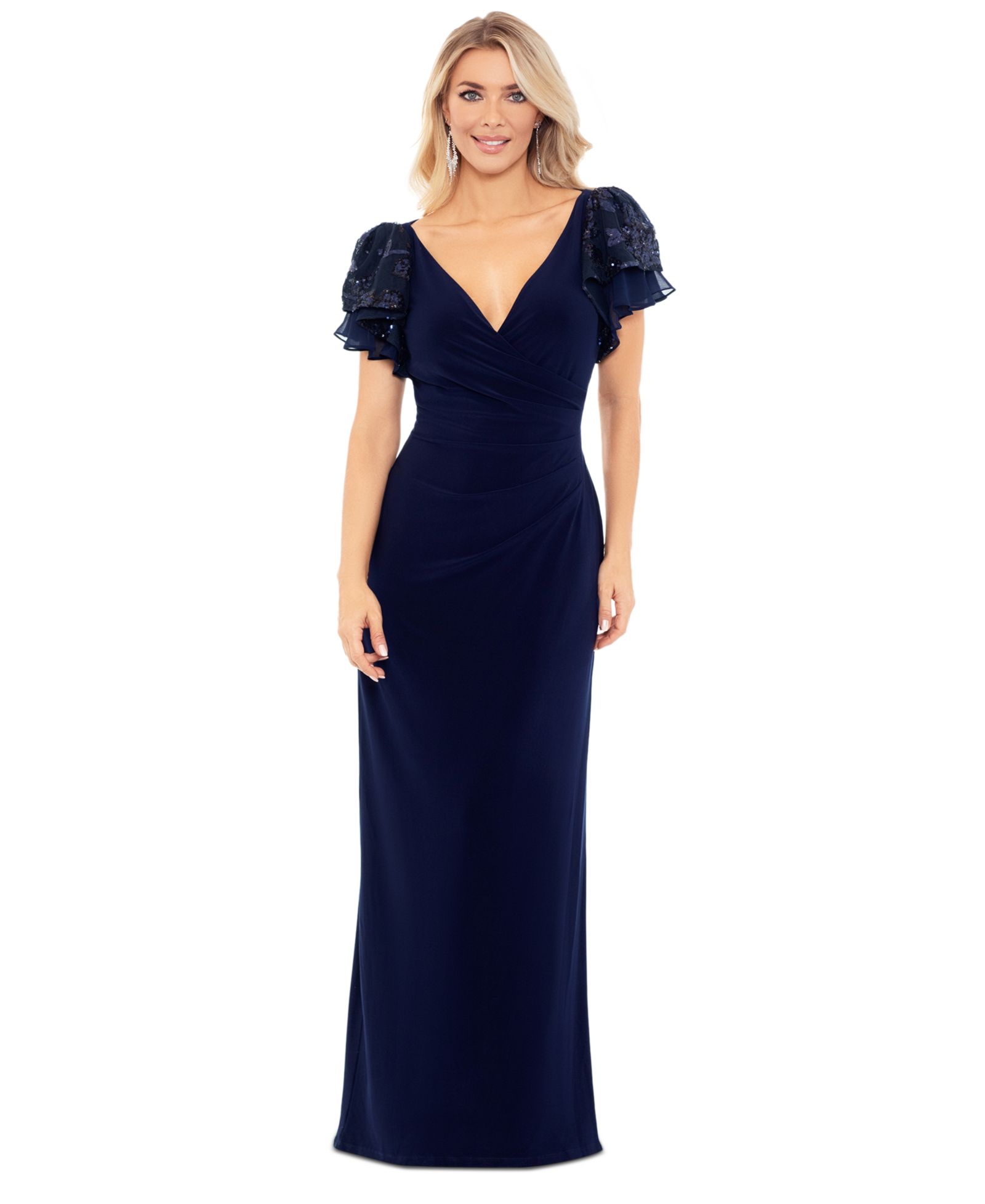 Betsy & Adam Petite Sequin-Sleeve Surplice-Neck Gown