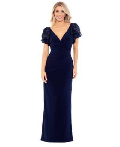 Betsy & Adam Petite Sequin-Sleeve Surplice-Neck Gown
