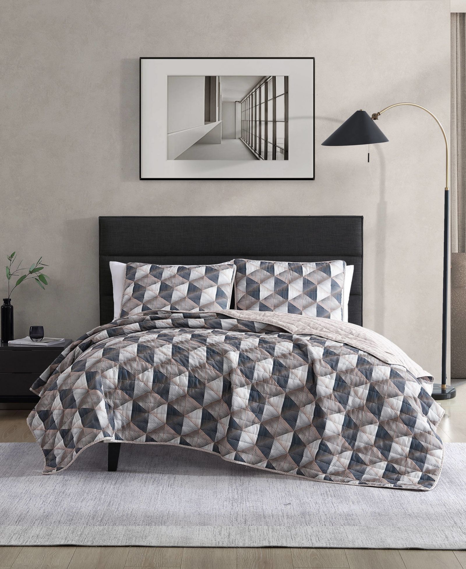 Kenneth Cole New York Gridwork Reversible 3 Piece Quilt Set, Full/Queen