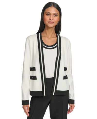 KARL LAGERFELD PARIS Women's Open-Front Long-Sleeve Knit Cardigan with Contrast Trim