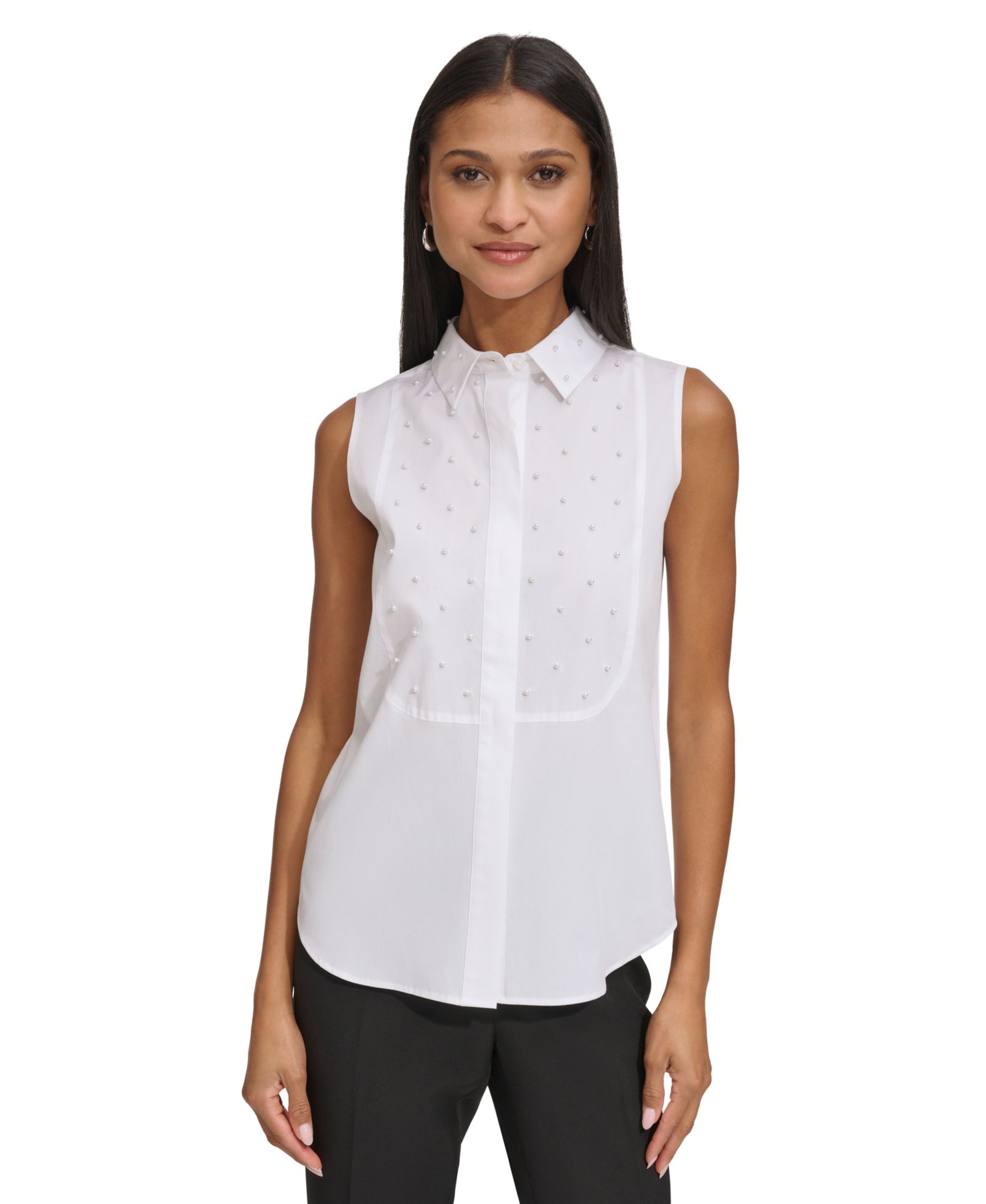 KARL LAGERFELD PARIS Women's Pearl-Embellished Sleeveless Collared Shirt