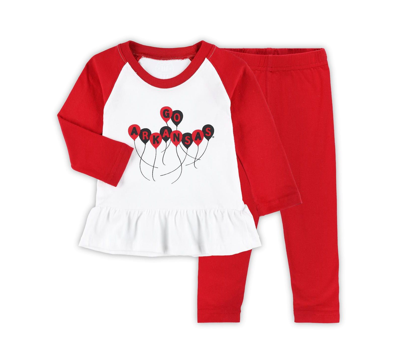 Girls Infant Wes & Willy Cardinal, White Arkansas Razorbacks Balloon Raglan 3/4-Sleeve T-shirt and Leggings Set