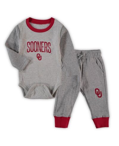Infant Boys and Girls Wes & Willy Heathered Gray, Crimson Oklahoma Sooners Jie Jie Long Sleeve Bodysuit and Pants Set