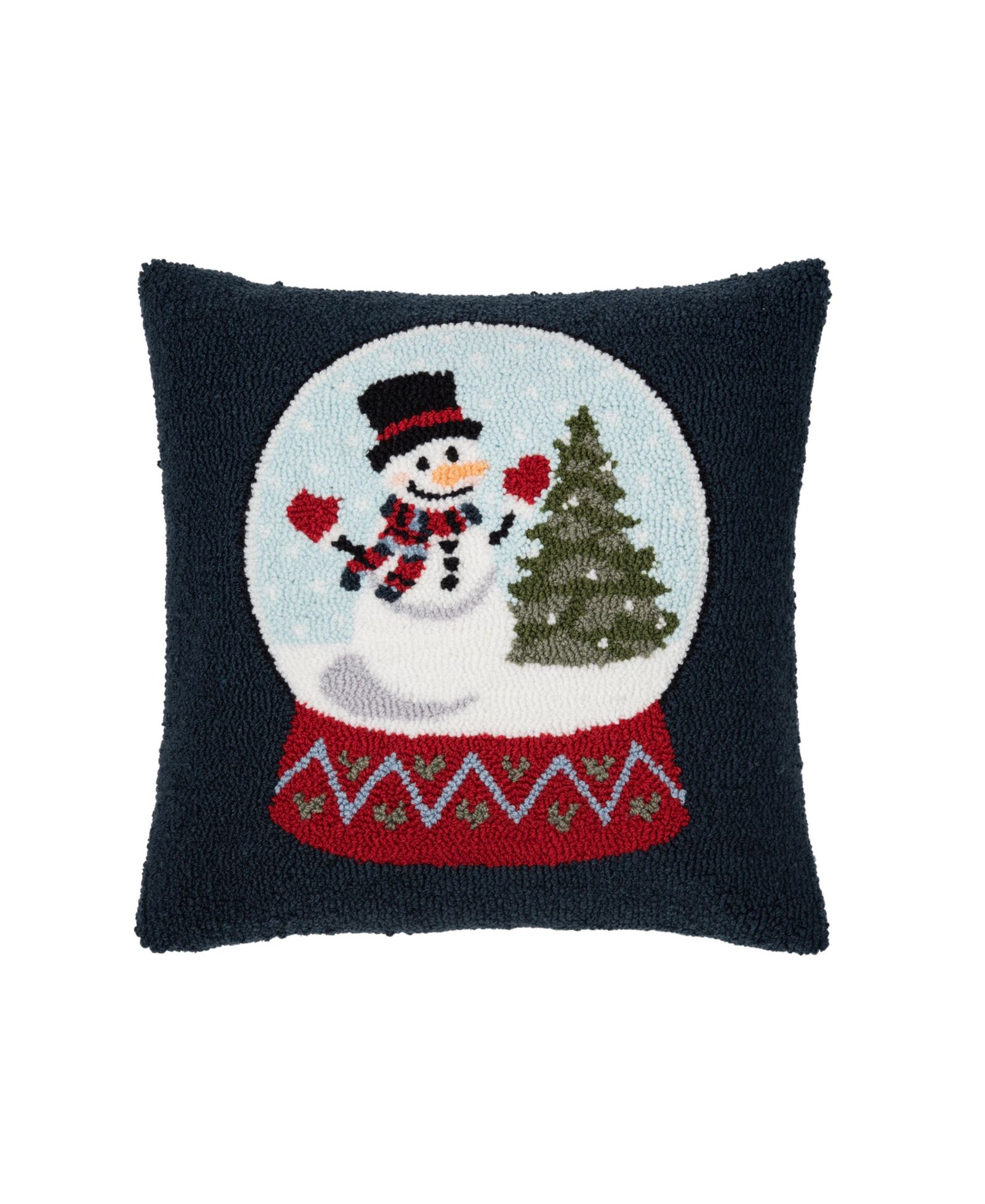 Snowman and Christmas Tree in Snowglobe Holiday Winter Hooked Pillow Accent Throw Pillow, 18" x 18"
