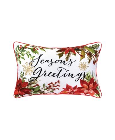Seasons Greetings Poinsettia Printed and Embroidered Christmas Throw Pillow, 14" x 22"
