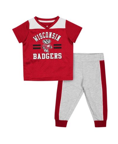 Infant Boys and Girls Colosseum Red, Heather Gray Wisconsin Badgers Ka-Boot-It Jersey and Pants Set
