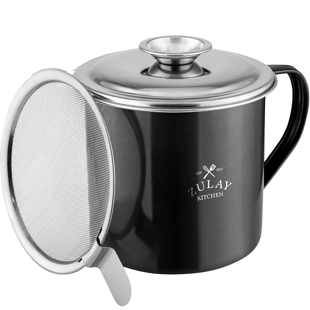 Zulay Kitchen Stainless Steel Bacon Grease Container With Strainer, Lid & Handle