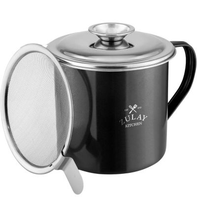 Zulay Kitchen Stainless Steel Bacon Grease Container With Strainer, Lid & Handle