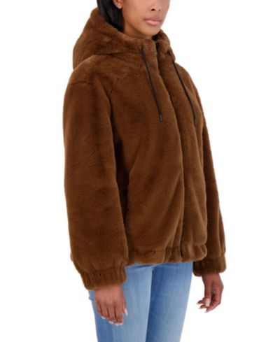 Sebby Women's Juniors' Reversible Faux Fur Hooded Bomber
