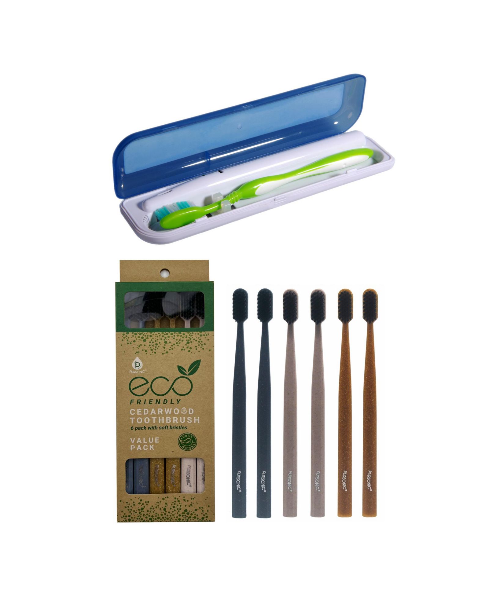 Набор зубных щеток Pursonic 100% Eco-friendly Cedarwood (6 шт.) и портативный UV стерилизатор