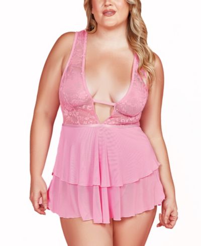 Hauty Plus Size Lace Plunge Neck Babydoll and Panty 2-Piece Lingerie Set