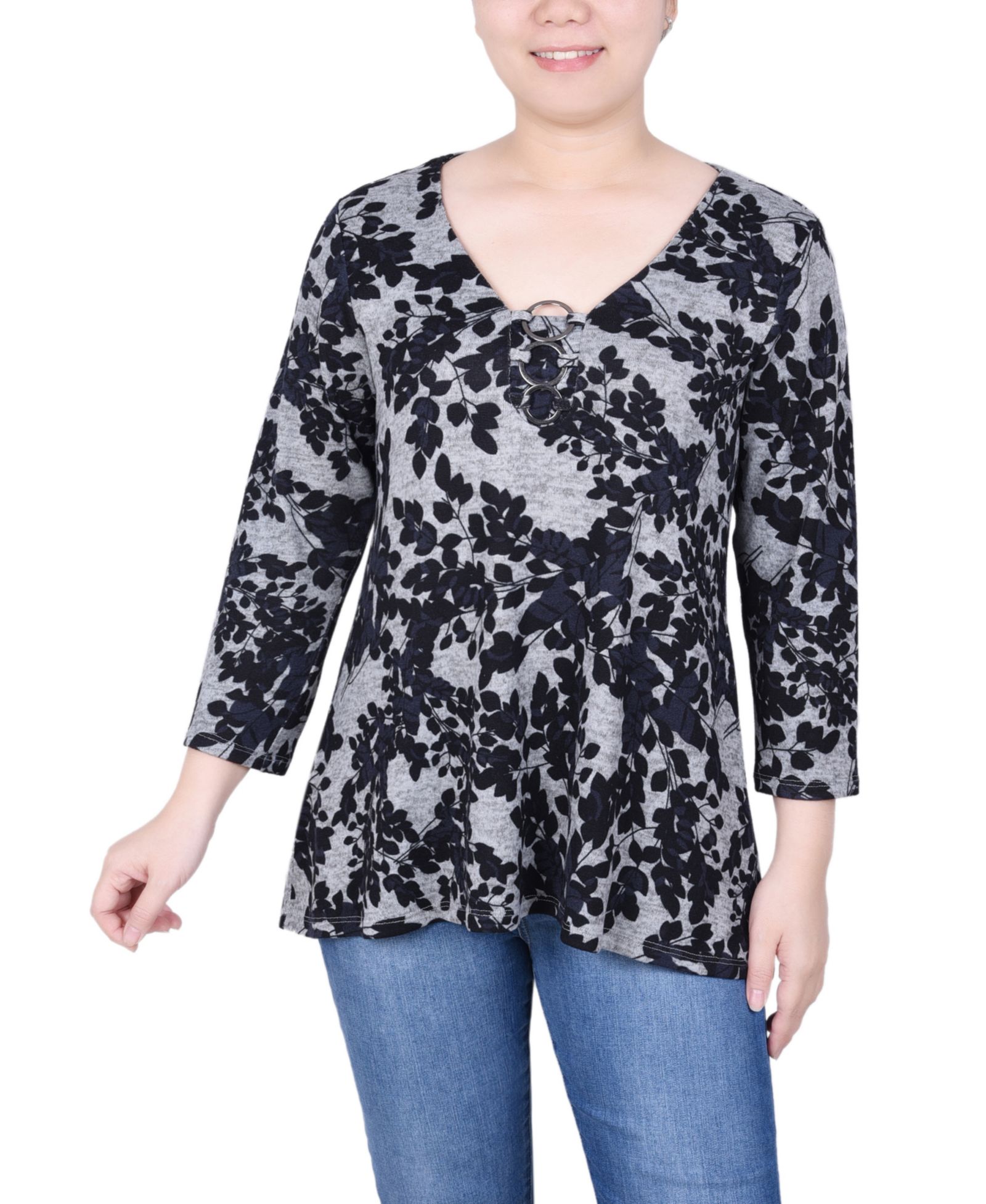 NY Collection Petite 3/4 Sleeve 3-Ring Top