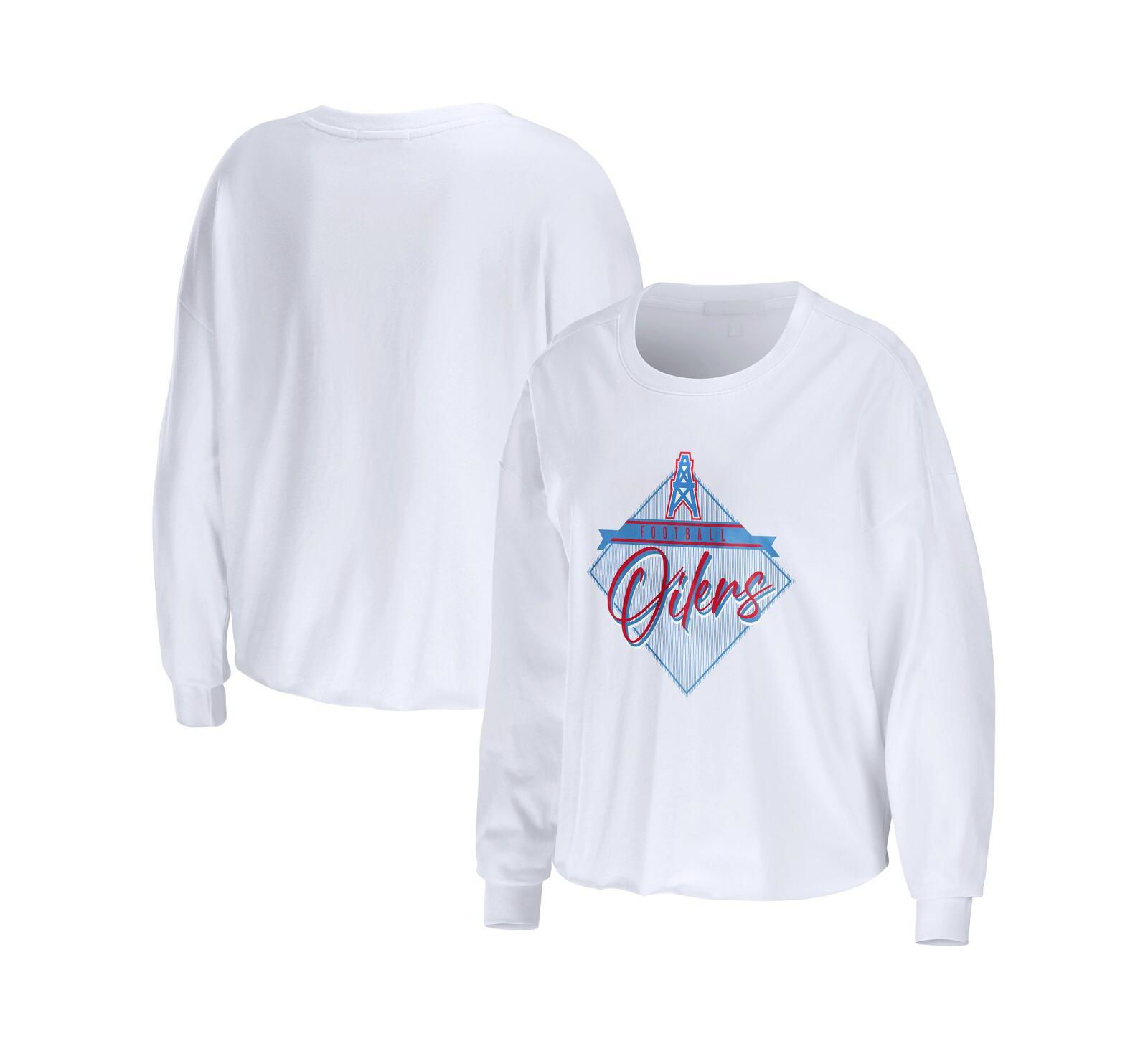Women's WEAR by Erin Andrews White Houston Oilers Gridiron Classics Domestic Cropped Long Sleeve T-shirt