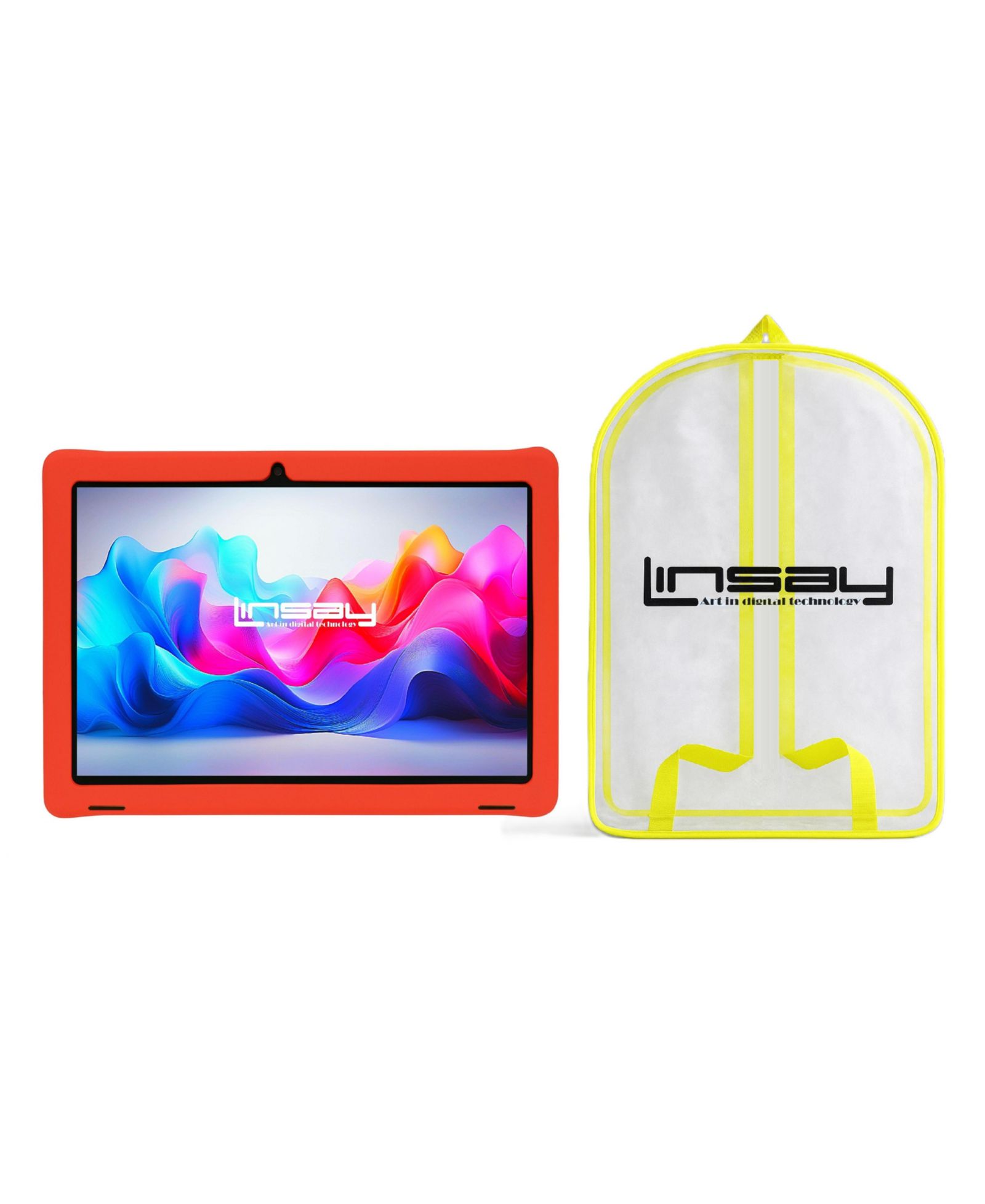 LINSAY 10.1" Kids Funny Tablet Octa Core 128GB Bundle with Red Kids Backpack New Android 15 Dual Camera