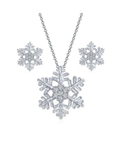 Bling Jewelry Snowflake Pendant Necklace and Earrings Jewelry Set Blue CZ Sterling Silver