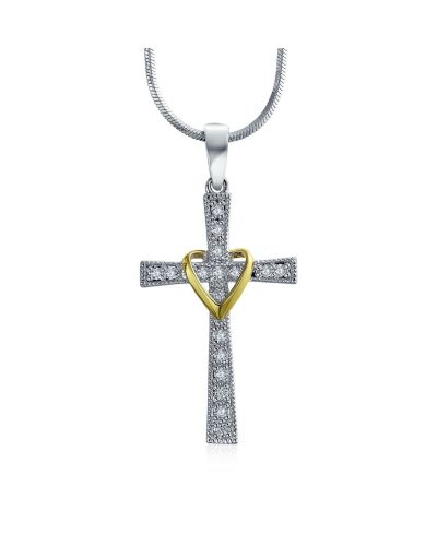 Подвеска Bling Jewelry CZ Pave Accent Religious Love Of God Heart Infinity Cross Rhodium Plated Brass