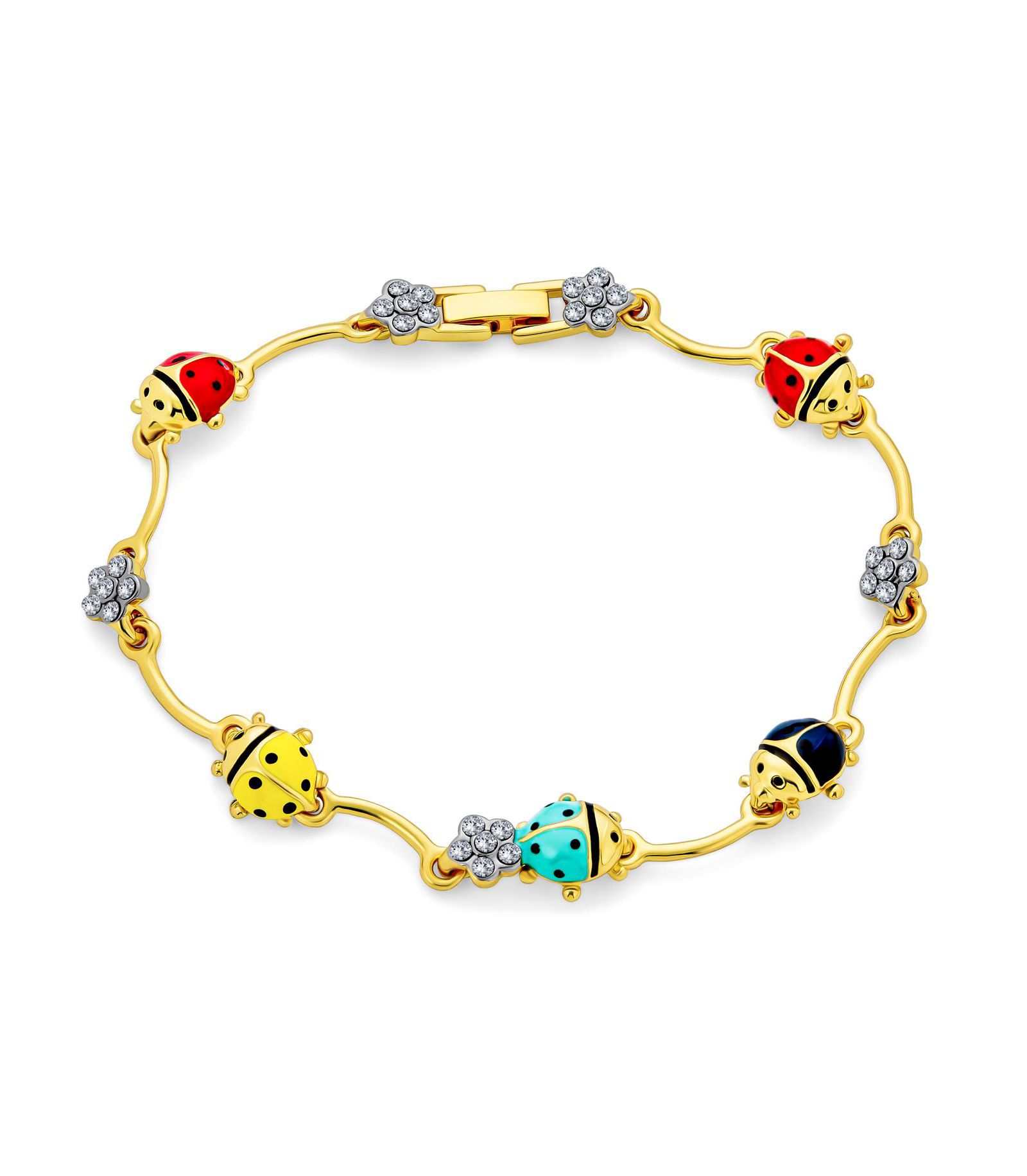Bling Jewelry Colorful Lucky Ladybug Charm Link Bracelet Crystal Accents 14K Gold Plated