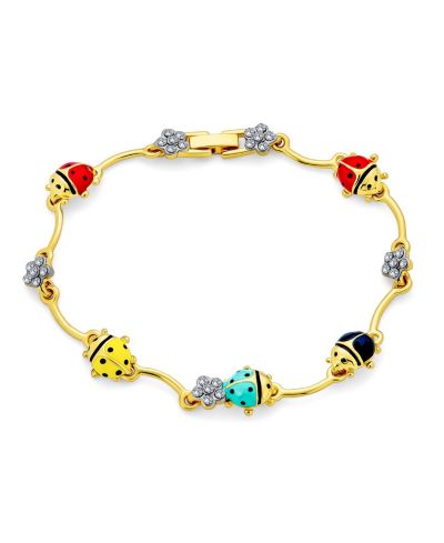 Bling Jewelry Colorful Lucky Ladybug Charm Link Bracelet Crystal Accents 14K Gold Plated