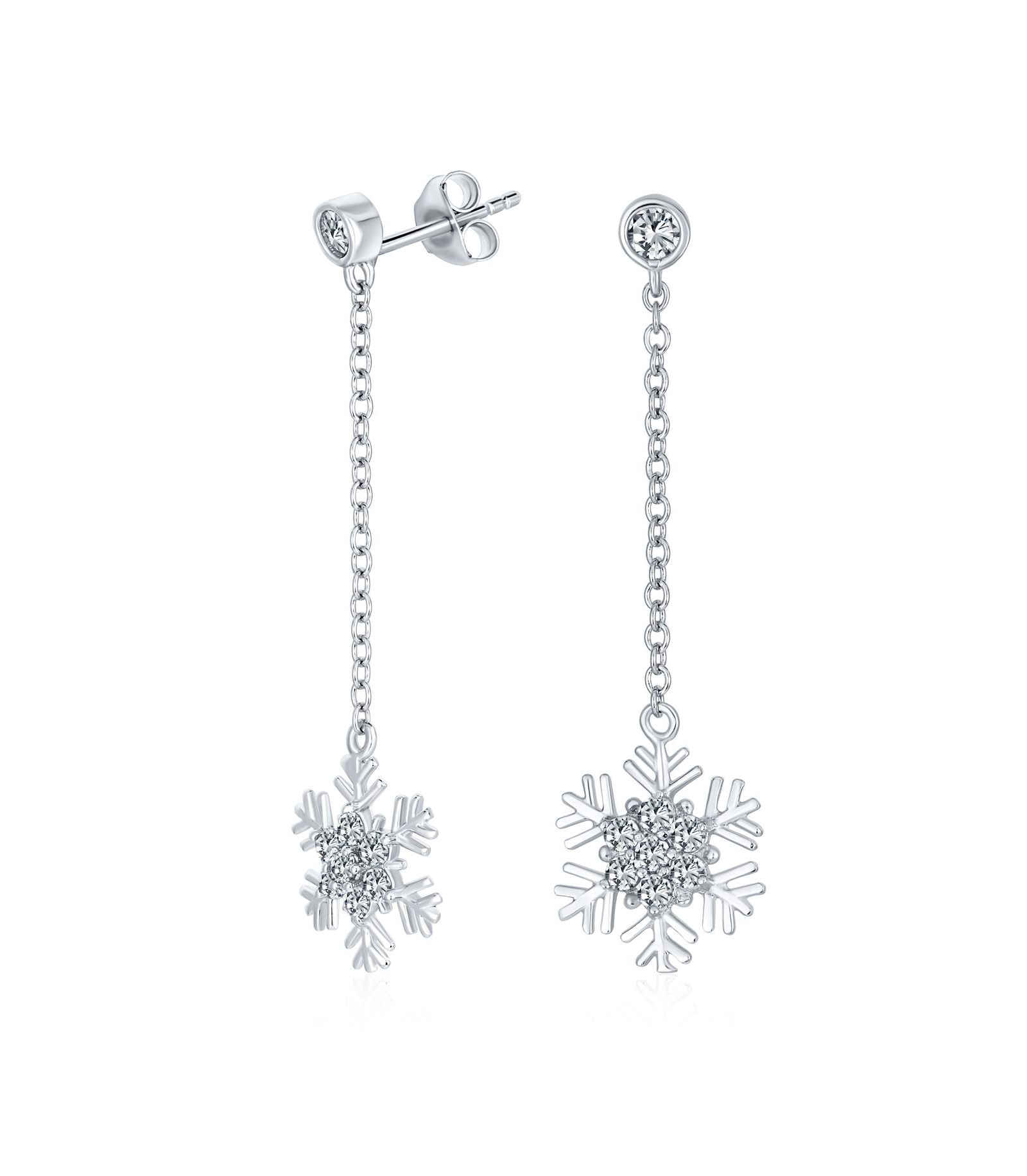 Bling Jewelry Ice Blue CZ Christmas Snowflake Dangle Chain Earrings .925 Sterling Silver