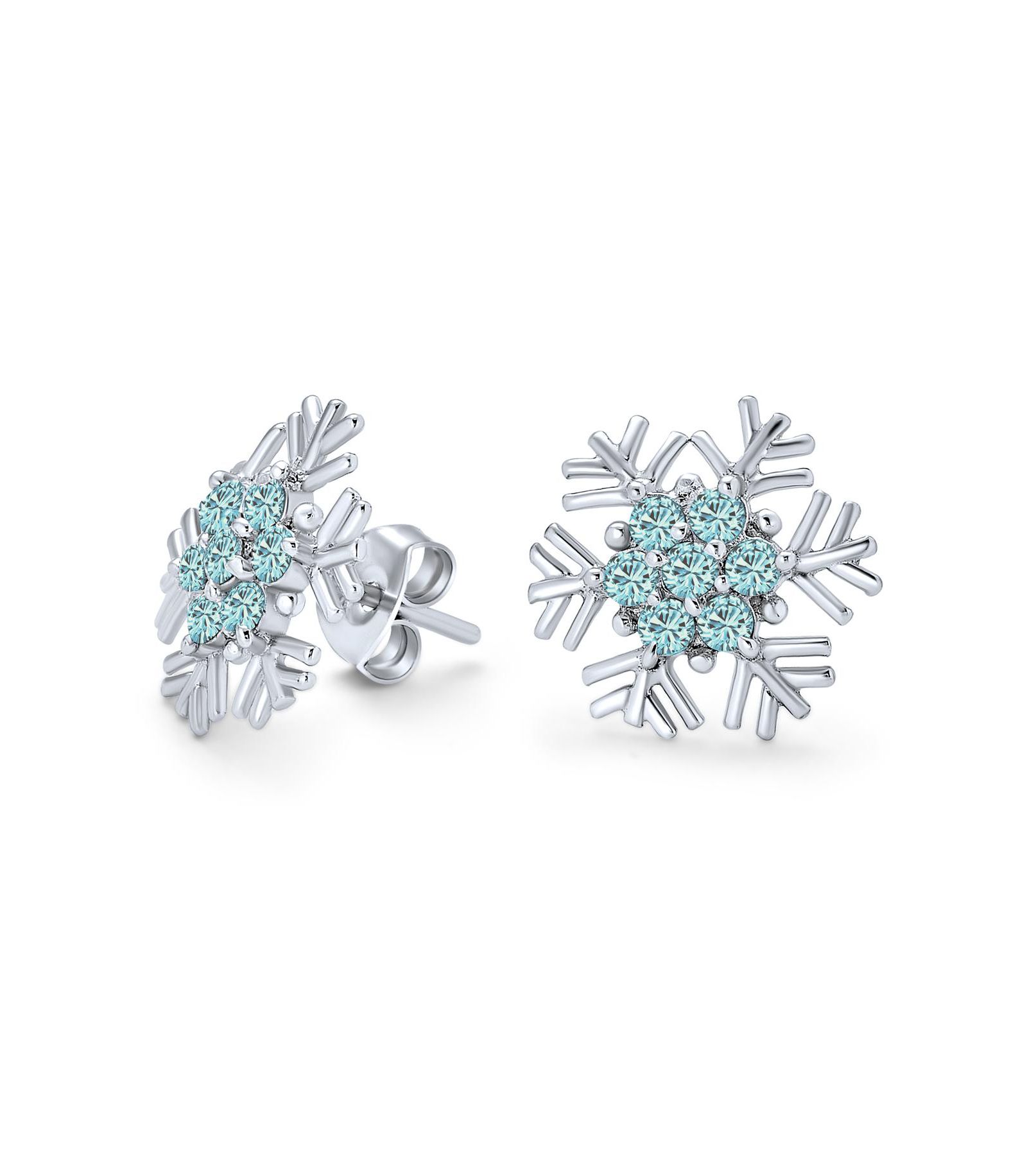 Bling Jewelry Holiday Ice Blue CZ Accent Snowflake Stud Earrings .925 Sterling Silver