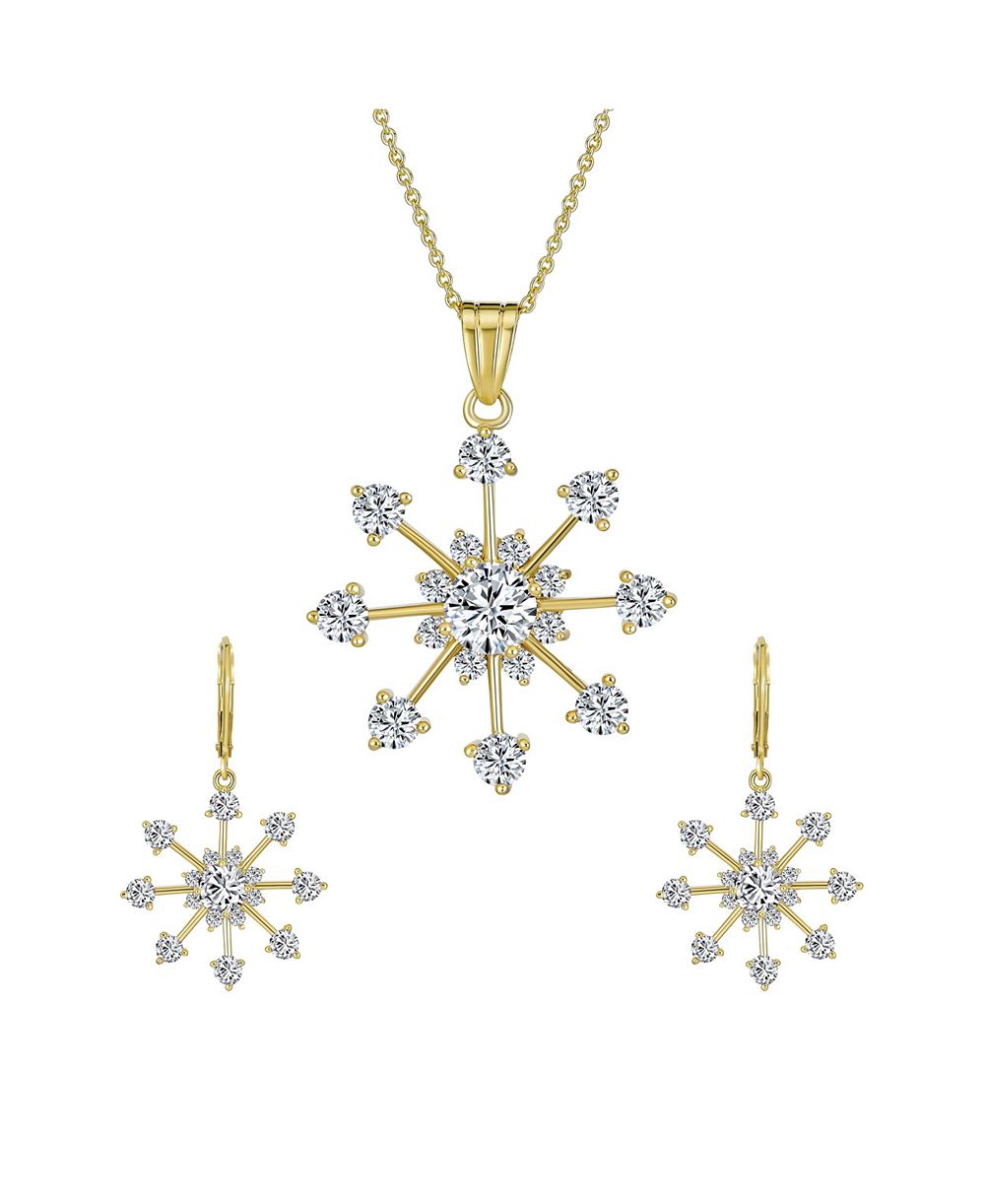 Bling Jewelry праздничный рождественский набор украшений: серьги и колье со снежинками CZ, позолота