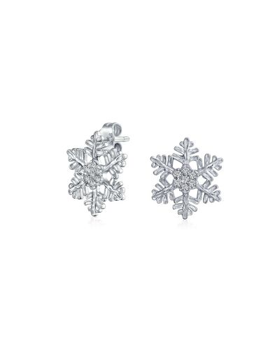 Серьги Bling Jewelry.925 Sterling Silver Holiday Snowflake Stud CZ Accent Rhodium Plated