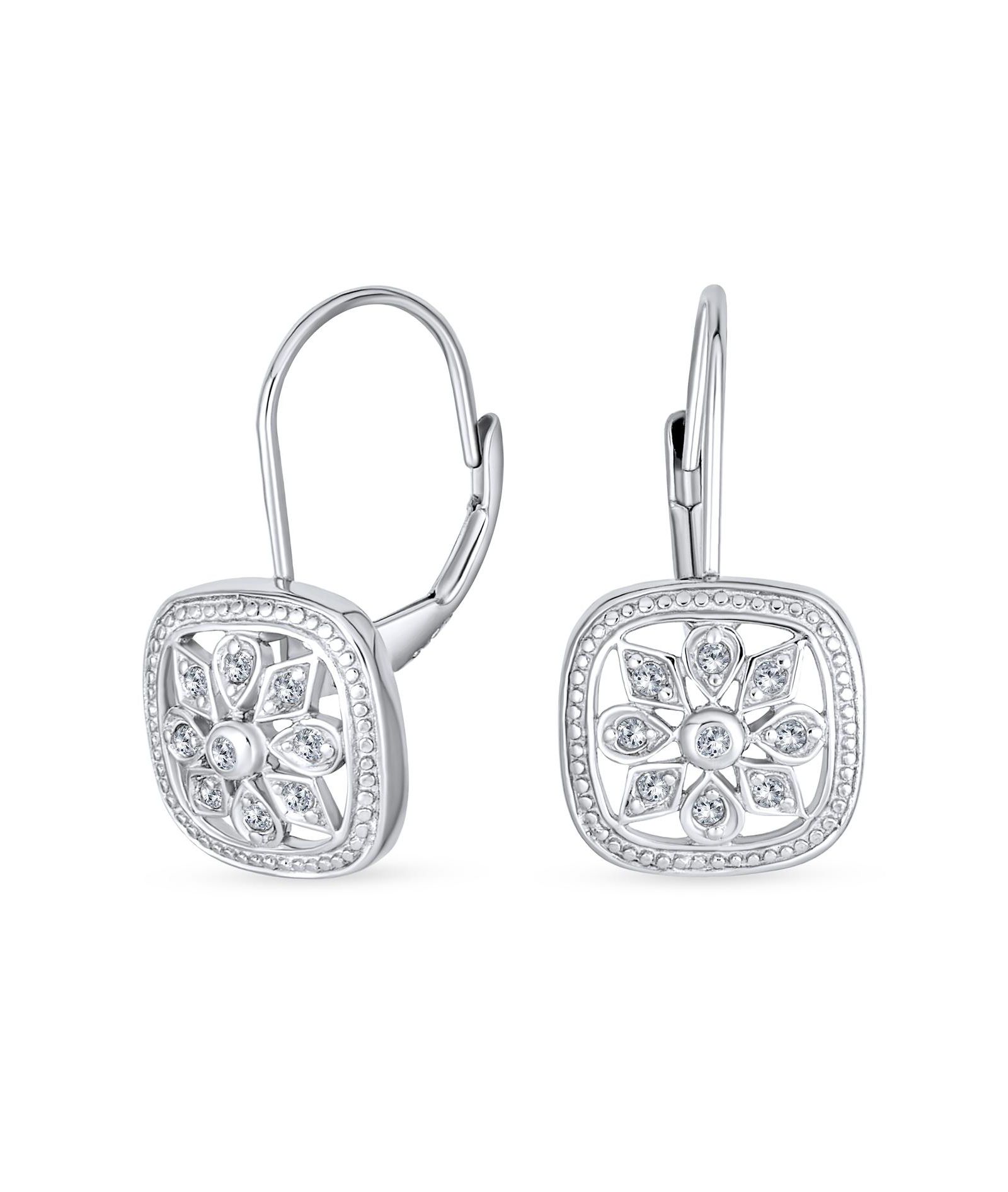 Bling Jewelry Christmas Holiday Square Snowflake Drop Earrings Sterling Silver Lever Back
