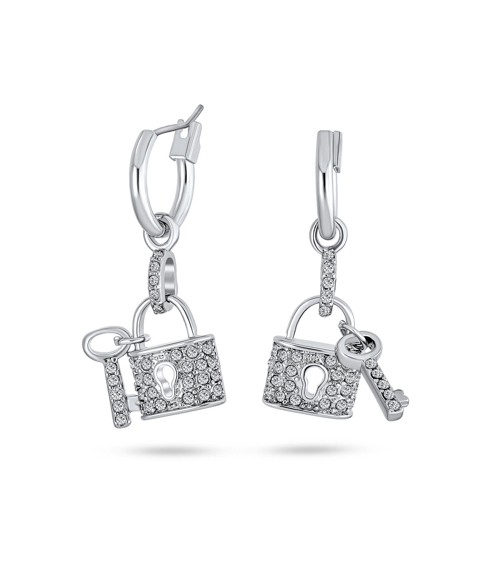 Bling Jewelry Romantic Cocktail Crystal Lock and Key Charm Dangle Earrings Silver Plated серьги