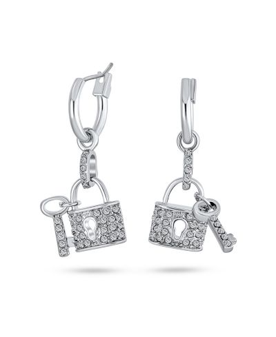 Bling Jewelry Romantic Cocktail Crystal Lock and Key Charm Dangle Earrings Silver Plated