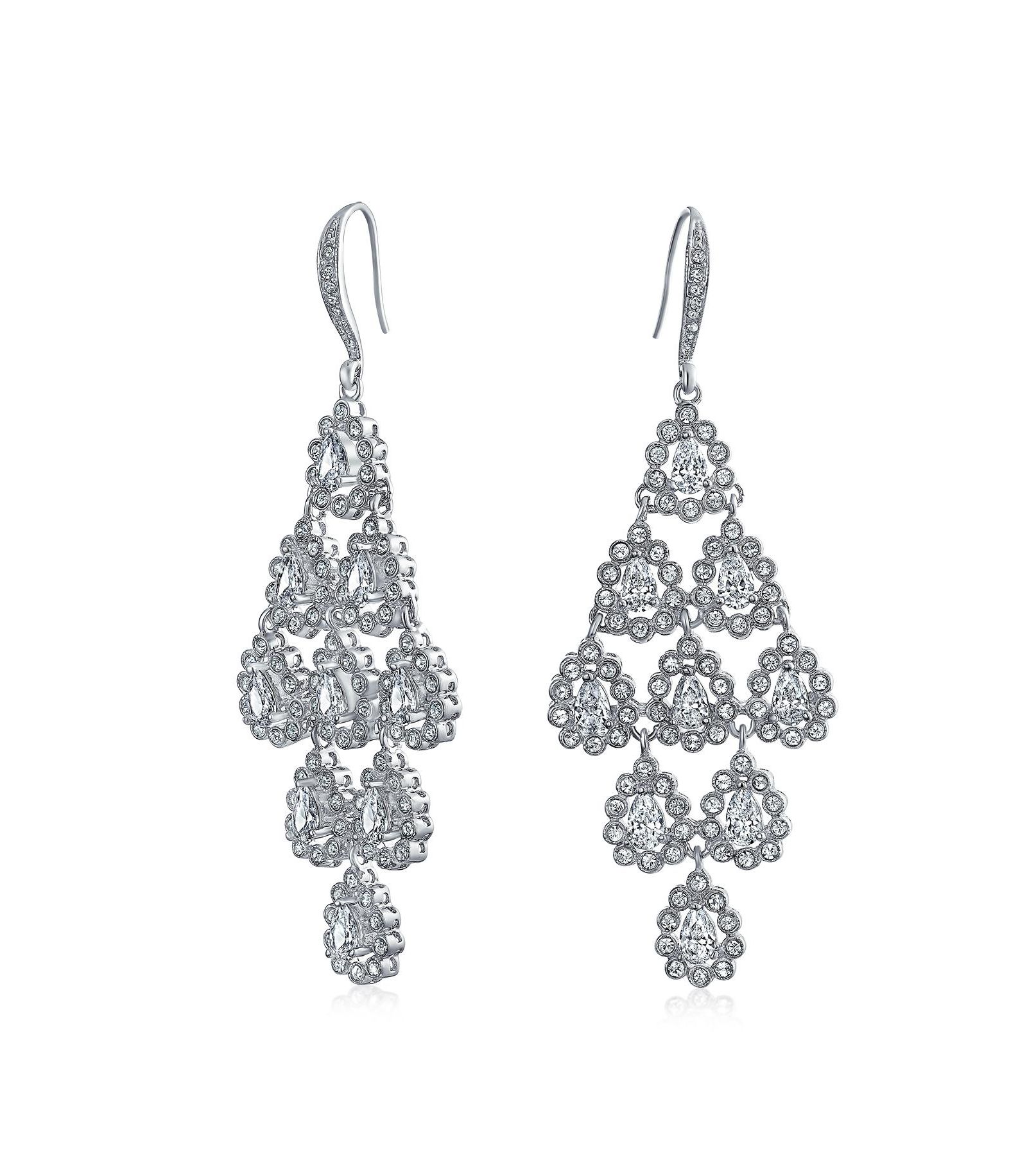 Bling Jewelry свадебные серьги-люстры с фианитами, каплевидные и маргаритками, родированное покрытие