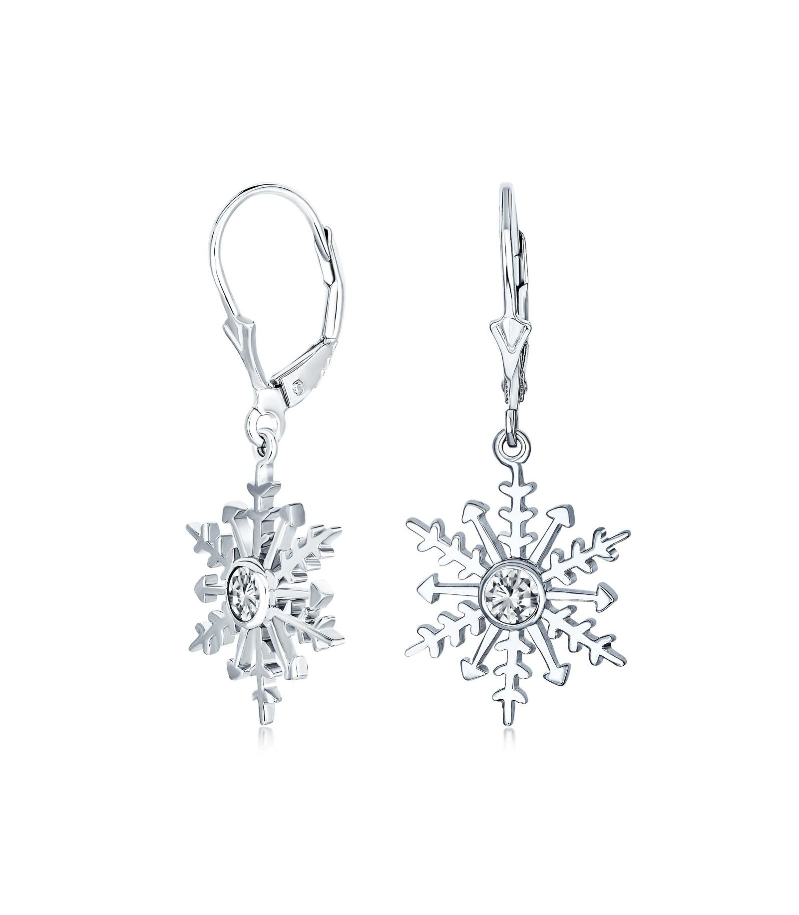 Bling Jewelry Christmas Ice Blue Snowflake Dangle Earrings .925 Sterling Silver Leverback