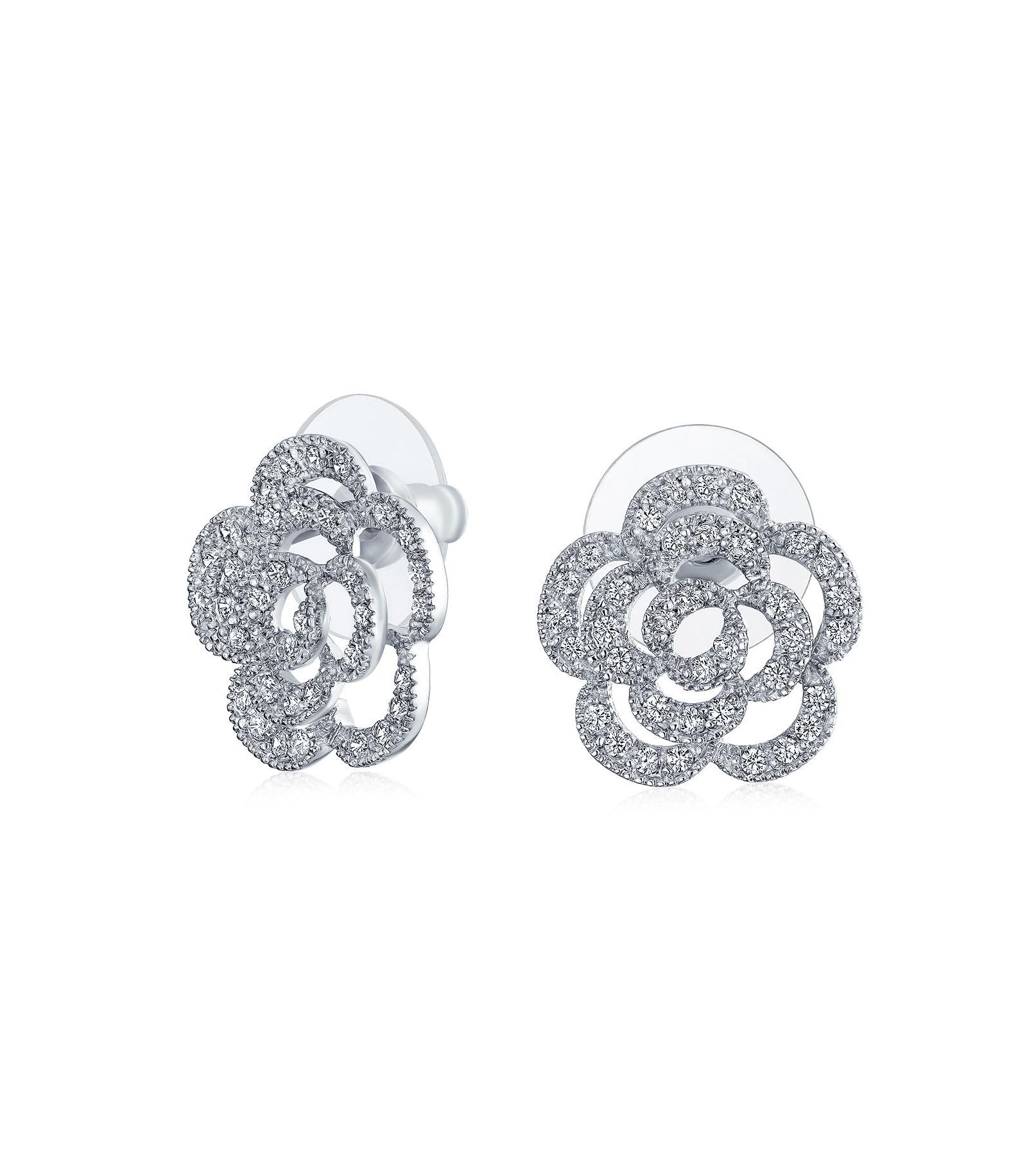 Pave CZ Accent Open Floral Love Flower Stud Earrings For Women Wedding Party Bridesmaids Brides Rhodium Plated Brass