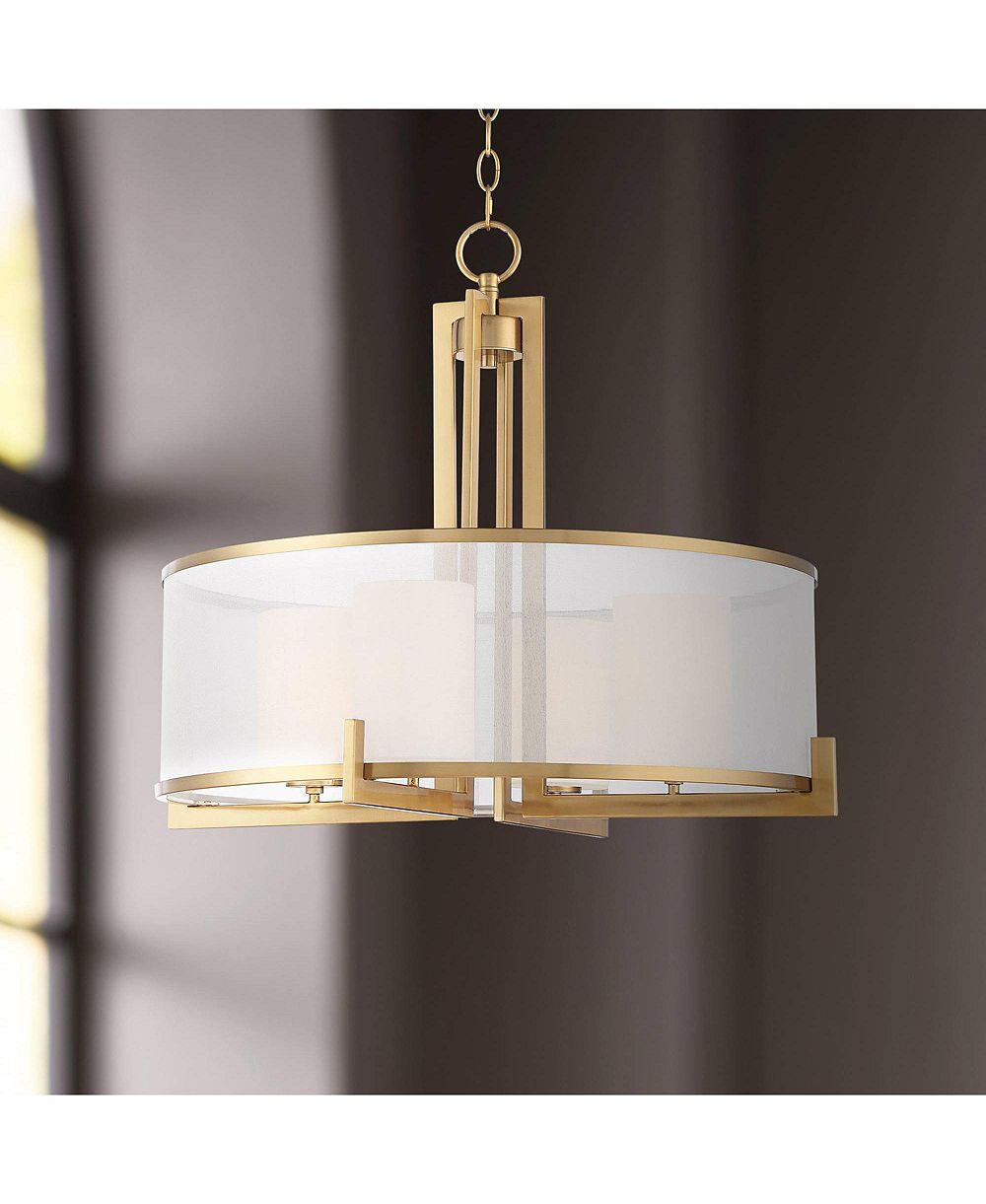 Possini Euro Design Antique Brass 4-Light Drum Shade Modern Fixture Pendant Chandelier