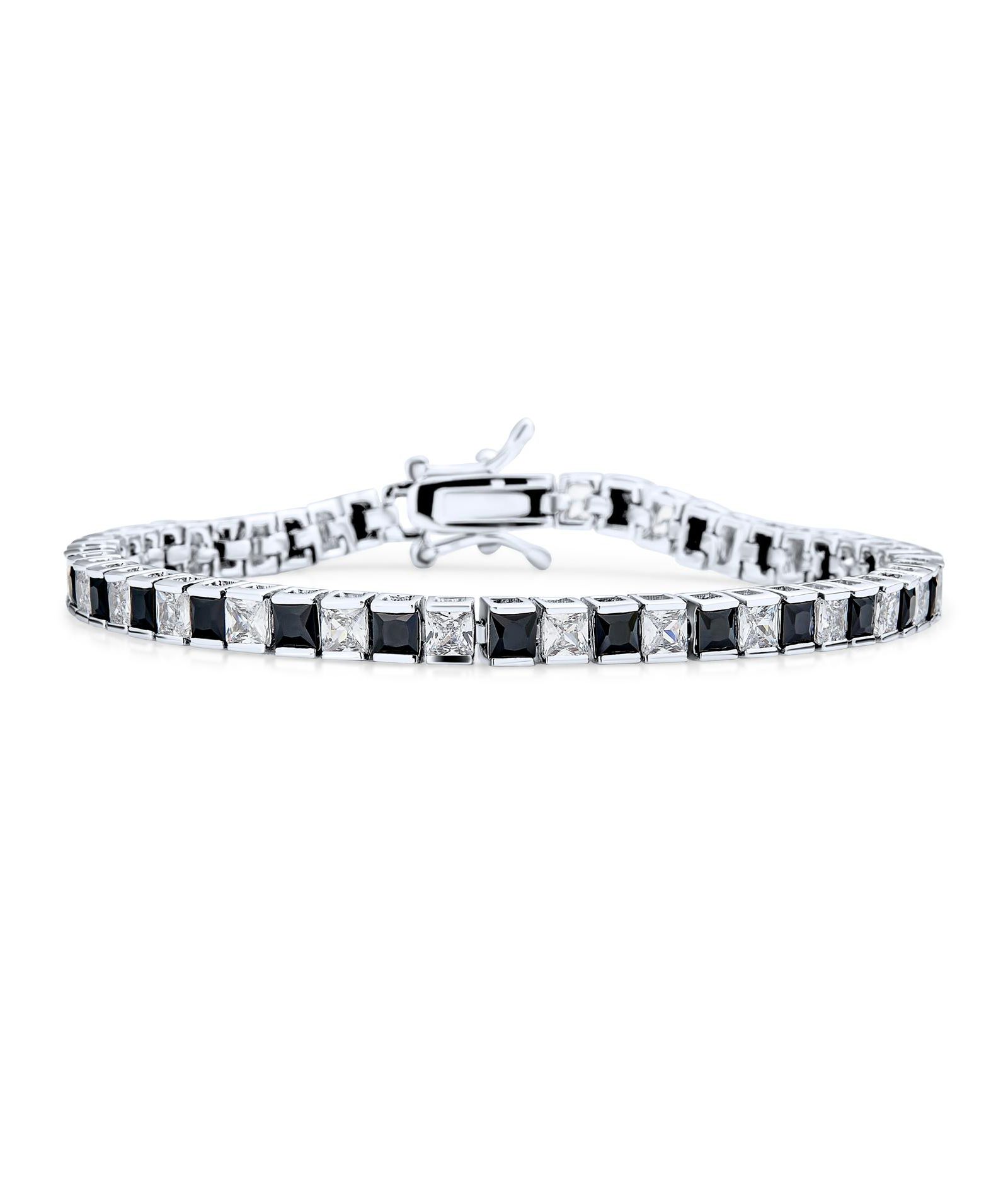 Bling Jewelry Alternating 20CT CZ Black White Princess Cut Tennis Bracelet Silver Plated
