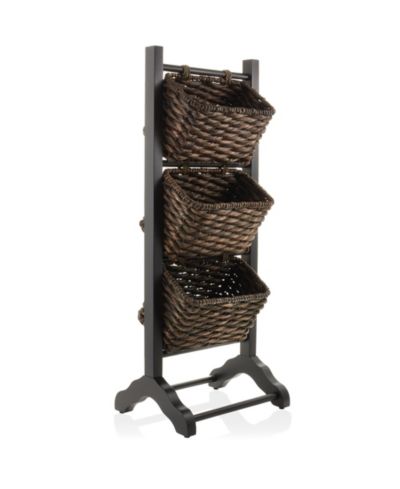 Casafield 3-Tier Floor Stand with Hanging Storage Baskets, Walnut/Espresso - Wood Tower Rack for Bathroom, Kitchen, Laundry, Living Room