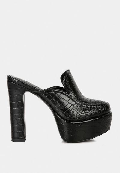 BAUHAUS Womens Croc Pattern Heeled Platform Mules