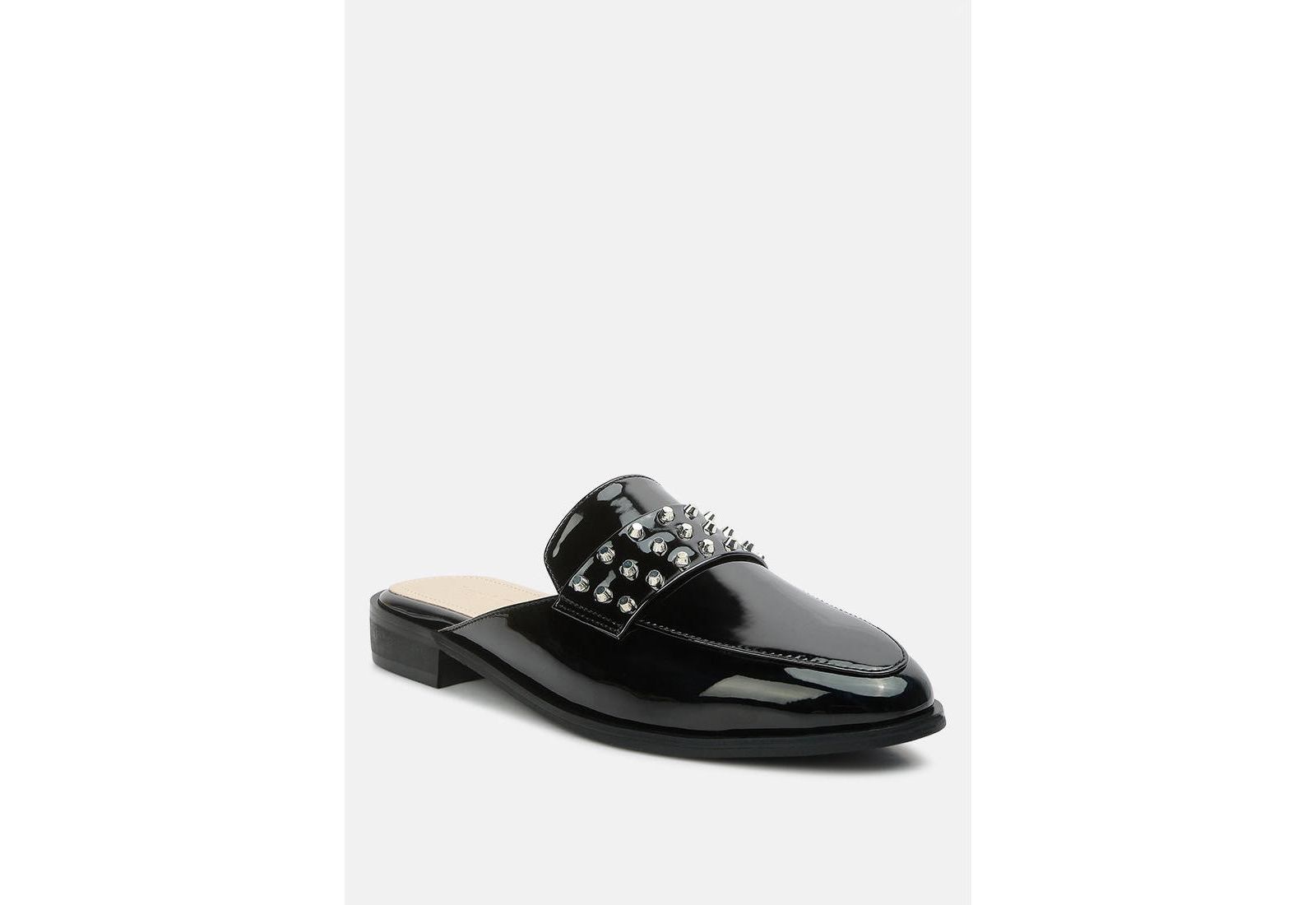YASHTA Womens Patent Studded Flat Mules