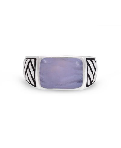 LuvMyJewelry Blue Lace Agate Gemstone Sterling Silver Men Signet Ring in Black Rhodium