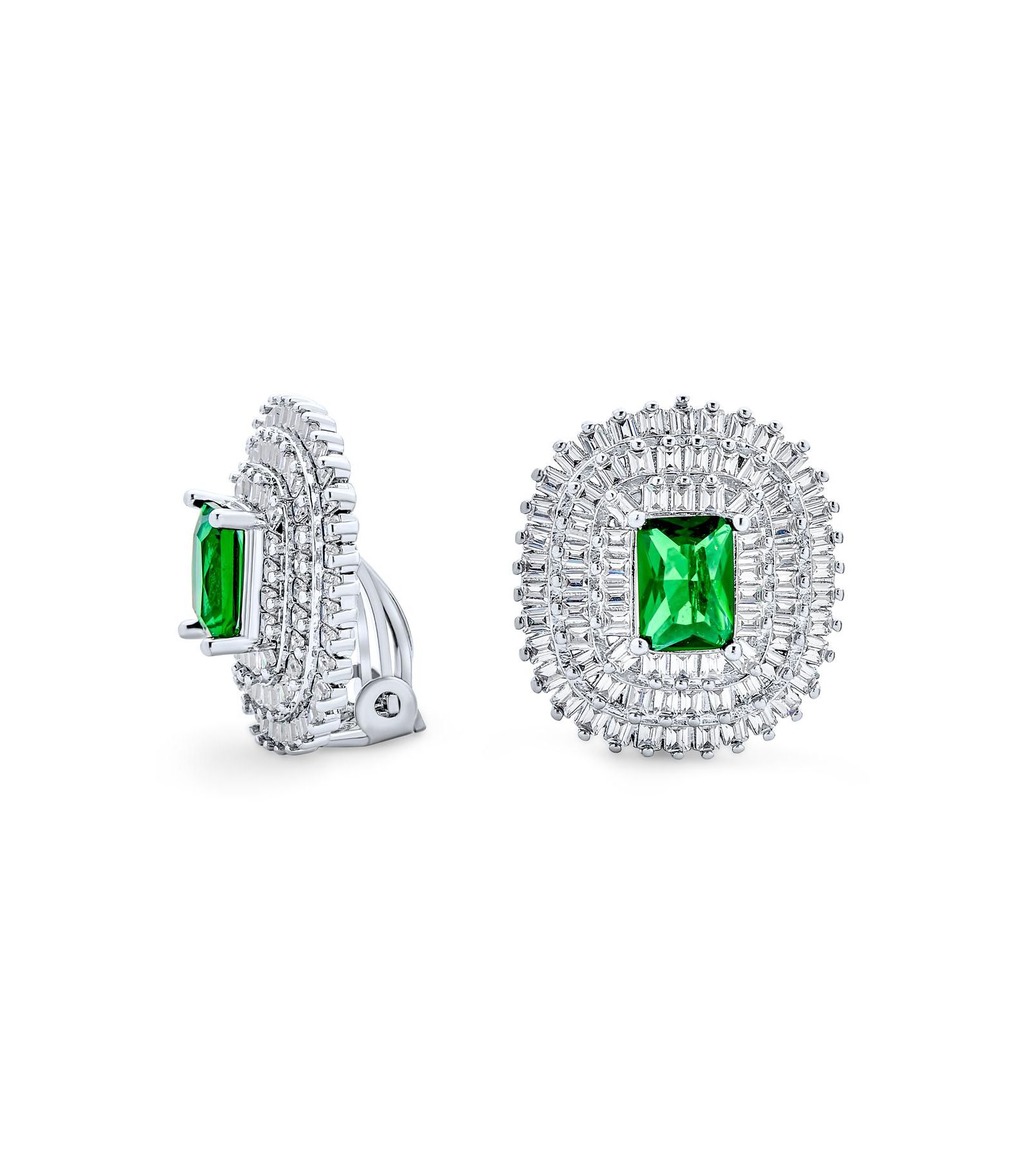 Серьги-гвоздики Bling Jewelry Art Deco Emerald Green CZ, три ряда камней Baguette Halo