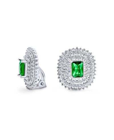 Серьги-гвоздики Bling Jewelry Art Deco Emerald Green CZ, три ряда камней Baguette Halo