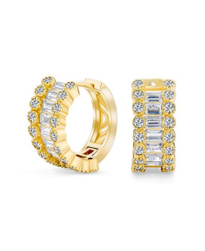Bling Jewelry Art Deco Style Cocktail Baguette CZ Mini Hoop Huggie Earrings Gold Plated