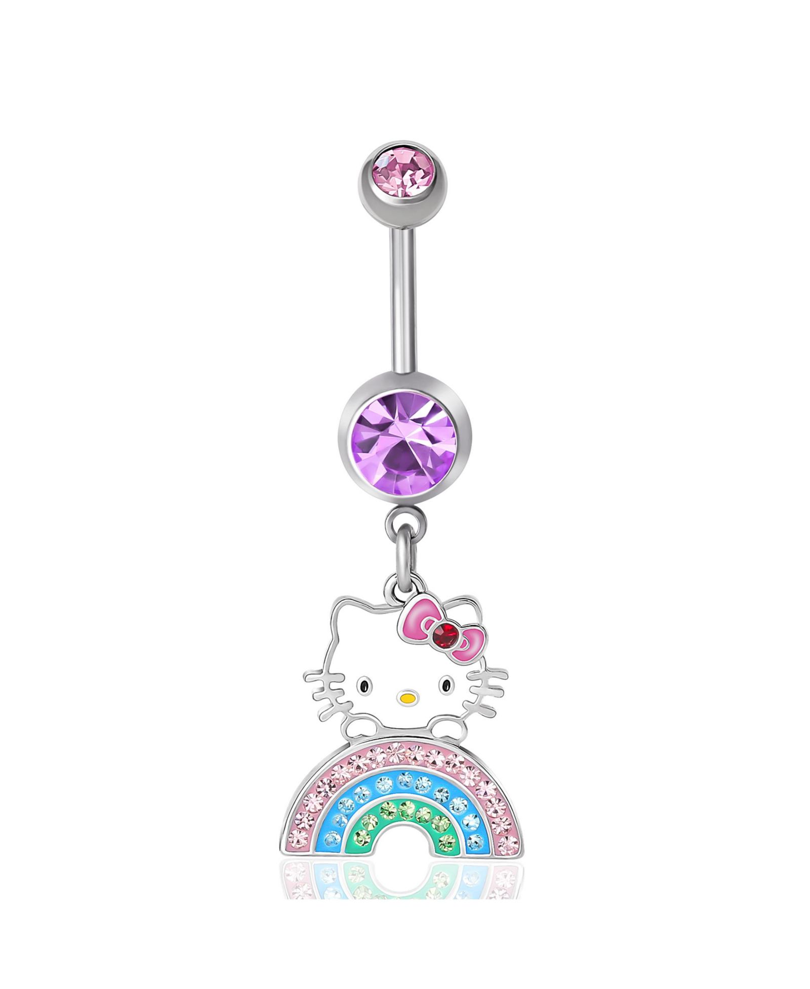 Hello Kitty Sanrio 14G Stainless Steel (316L) Piercing Element Dangle Belly Button Ring - Rainbow Crystal