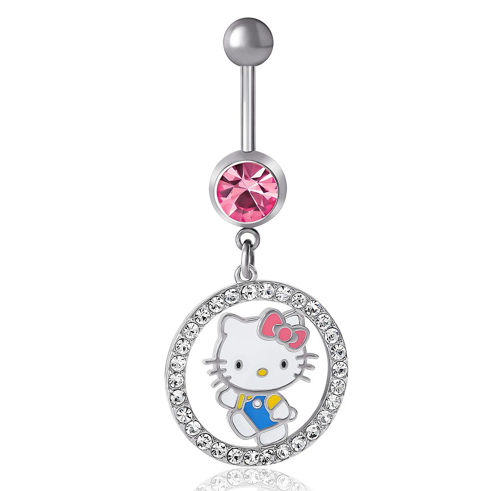 Hello Kitty Sanrio 14G Stainless Steel 316L Piercing Element Dangle Belly Button Ring Crystal Ring
