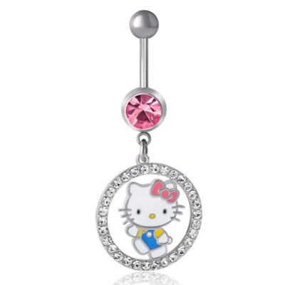 Hello Kitty Sanrio 14G Stainless Steel 316L Piercing Element Dangle Belly Button Ring Crystal Ring