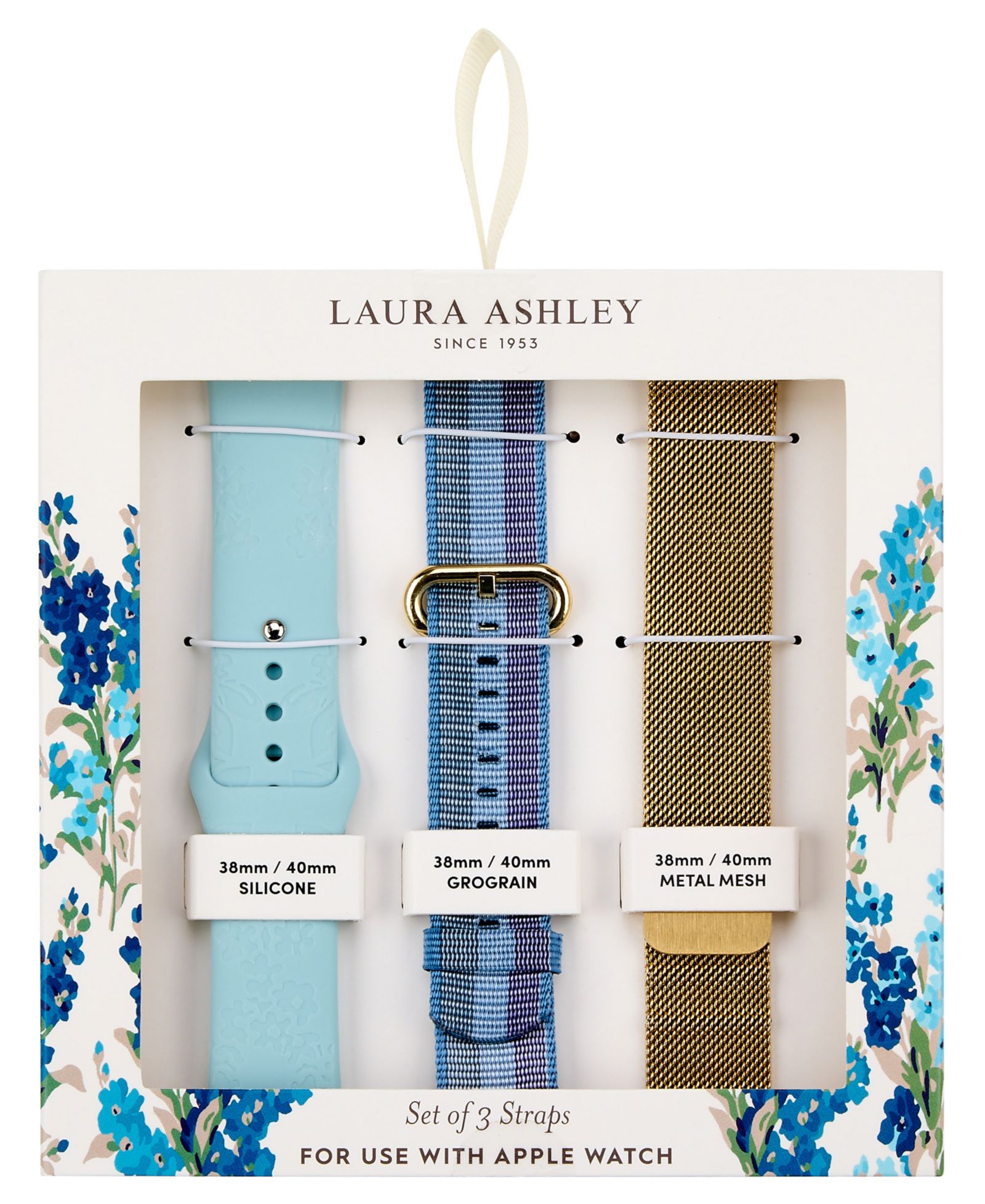 Комплекты ремешков Laura Ashley Gold-Tone Mesh, Blue Grosgrain и Blue Silicone для Apple Watch 38mm, 40mm, 41mm