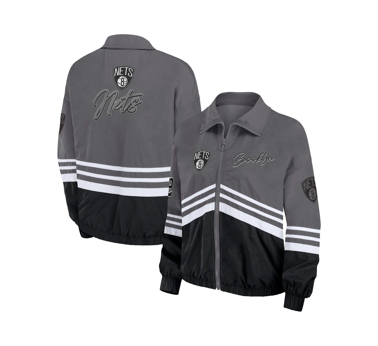 Women's WEAR by Erin Andrews Silver Distressed Brooklyn Nets Vintage-Like Full-Zip Windbreaker