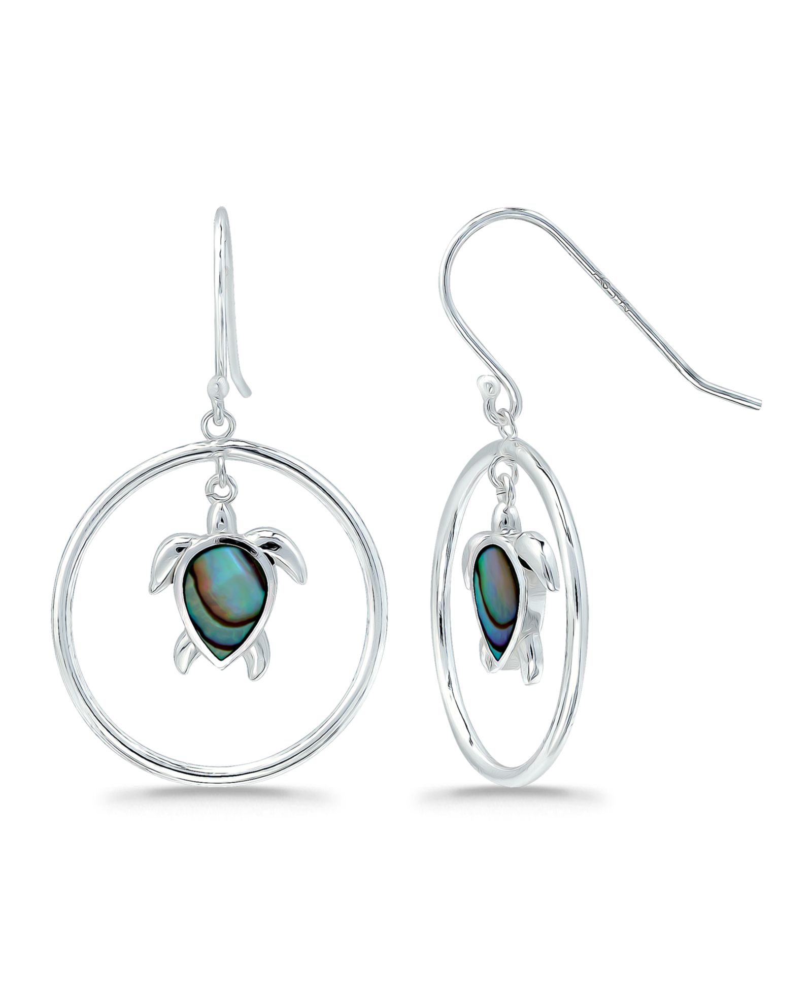 Macy's Abalone or Pink Shell Inlay Turtle Circle Fishhook Drop Earrings